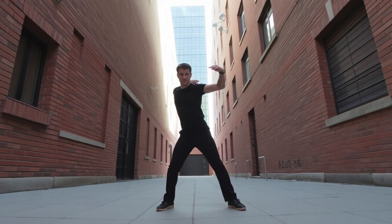 A person practicing self-defense moves in an alleyway between two tall buildings.