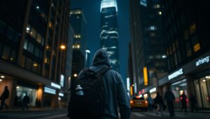 A lone figure in a hoodie walks through a bustling city street at night, carrying a backpack filled with essentials, while a towering skyscraper looms in the background, with a faint glow of emergency lights in the windows.