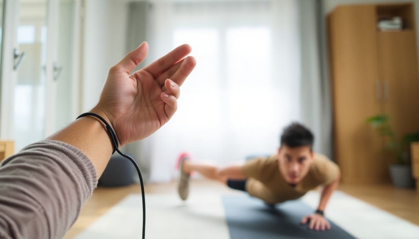 A person checking their pulse and performing a push-up at home, representing a self-assessment of fitness.