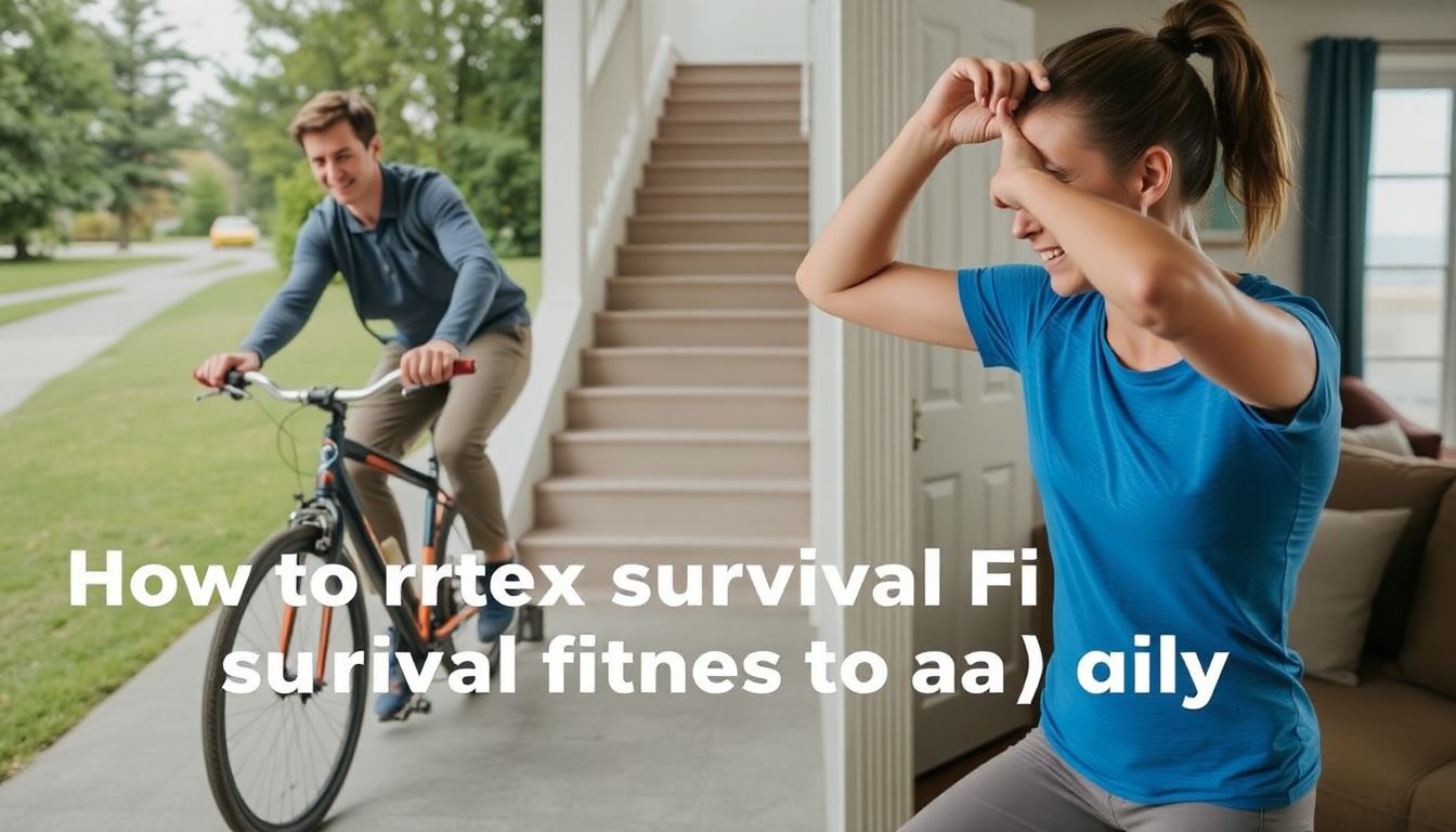 A person commuting by bicycle, taking the stairs, or performing a quick workout at home, demonstrating how to incorporate survival fitness into daily life.