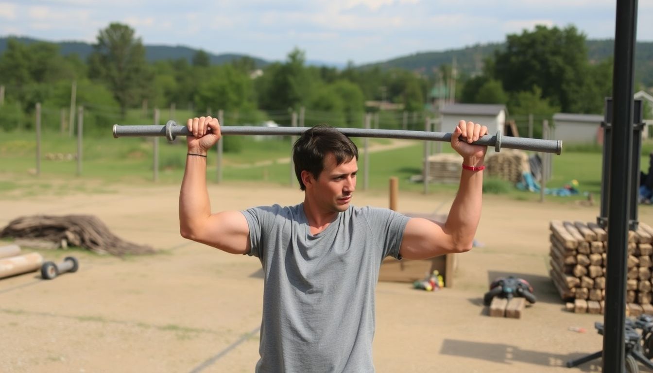 A person lifting heavy objects or performing functional strength exercises in an outdoor setting.