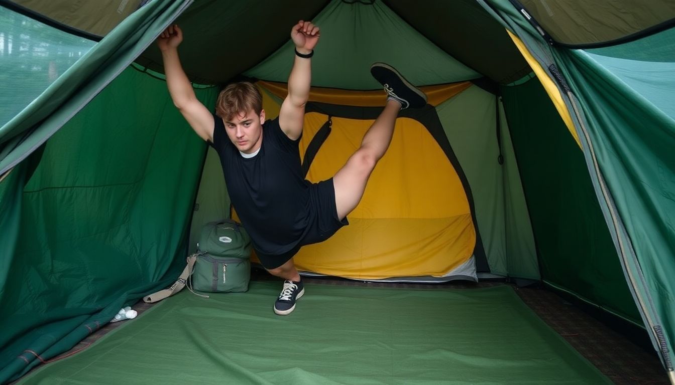 A person performing bodyweight exercises or using makeshift equipment in a temporary shelter or campsite.