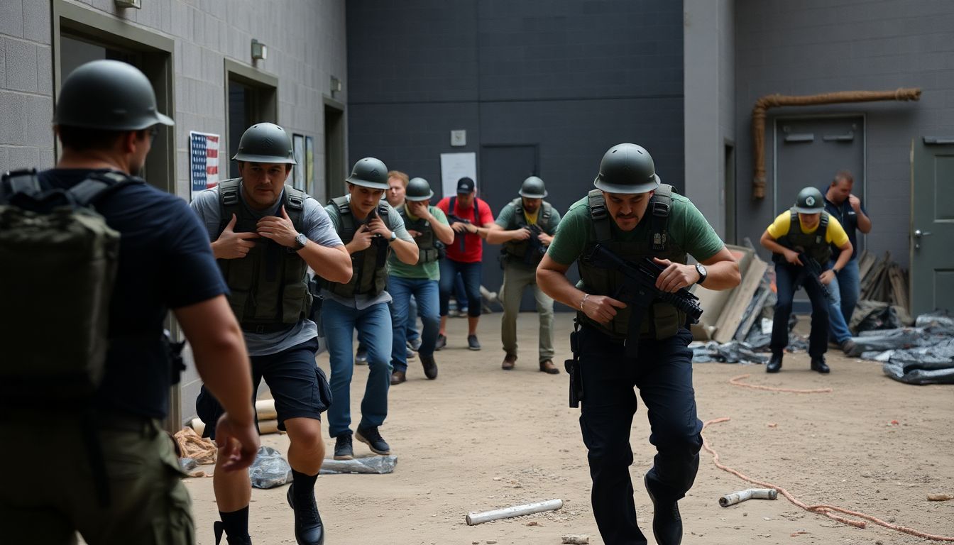 A group of people performing survival fitness drills in a simulated disaster scenario, such as evacuating a building or navigating an obstacle course.