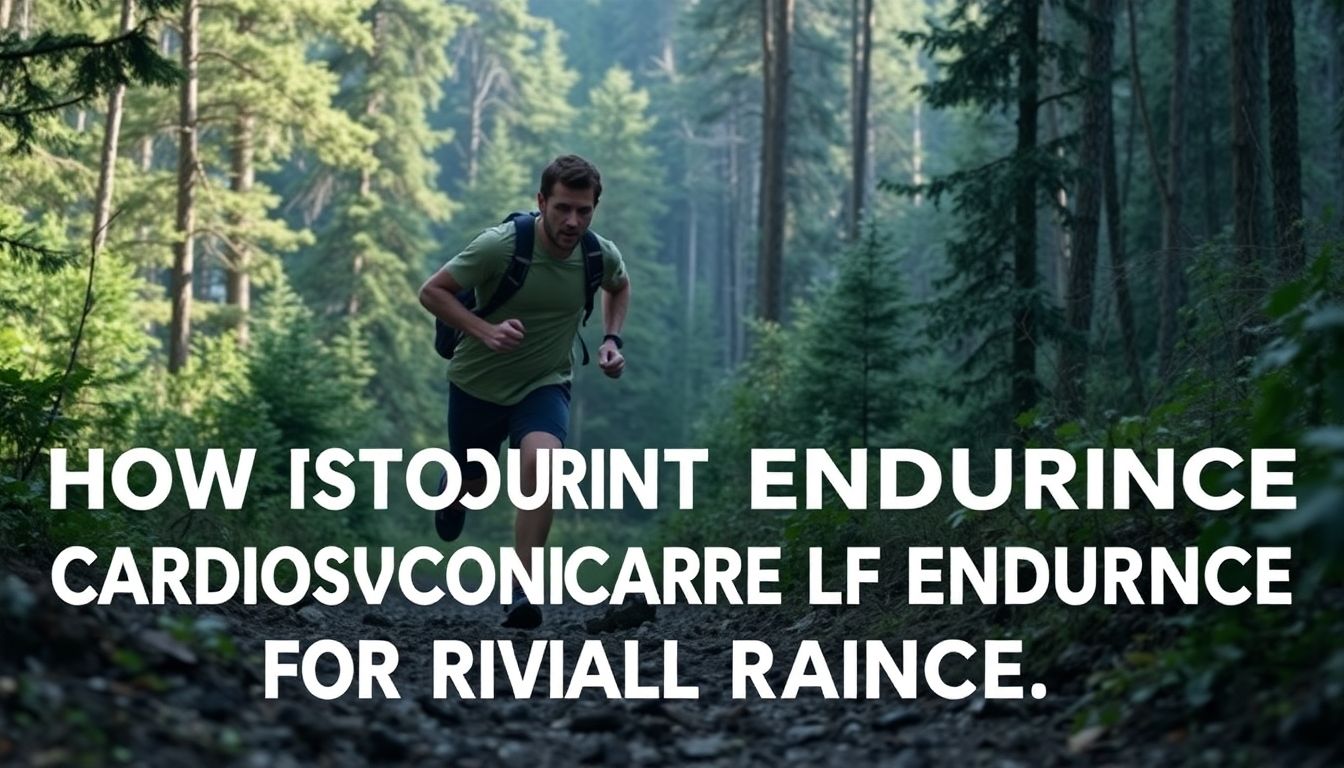 A person running through a dense forest or rugged terrain, emphasizing the need for cardiovascular endurance in survival situations.