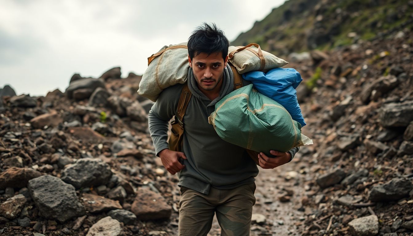 A person struggling to carry supplies through rough terrain, highlighting the need for physical strength in survival situations.