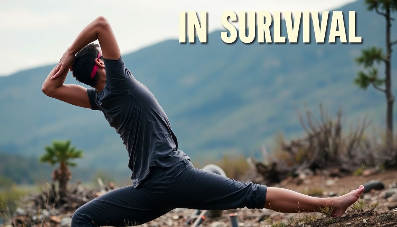 A person performing yoga poses or dynamic stretches in an outdoor setting, emphasizing the importance of flexibility and balance in survival situations.