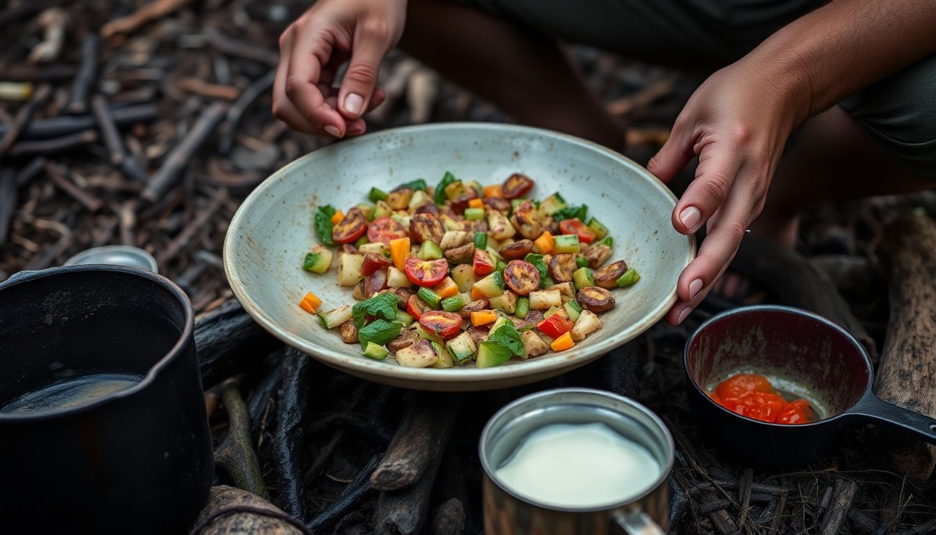 A person preparing a nutritious meal using basic ingredients and cooking equipment in a survival setting.