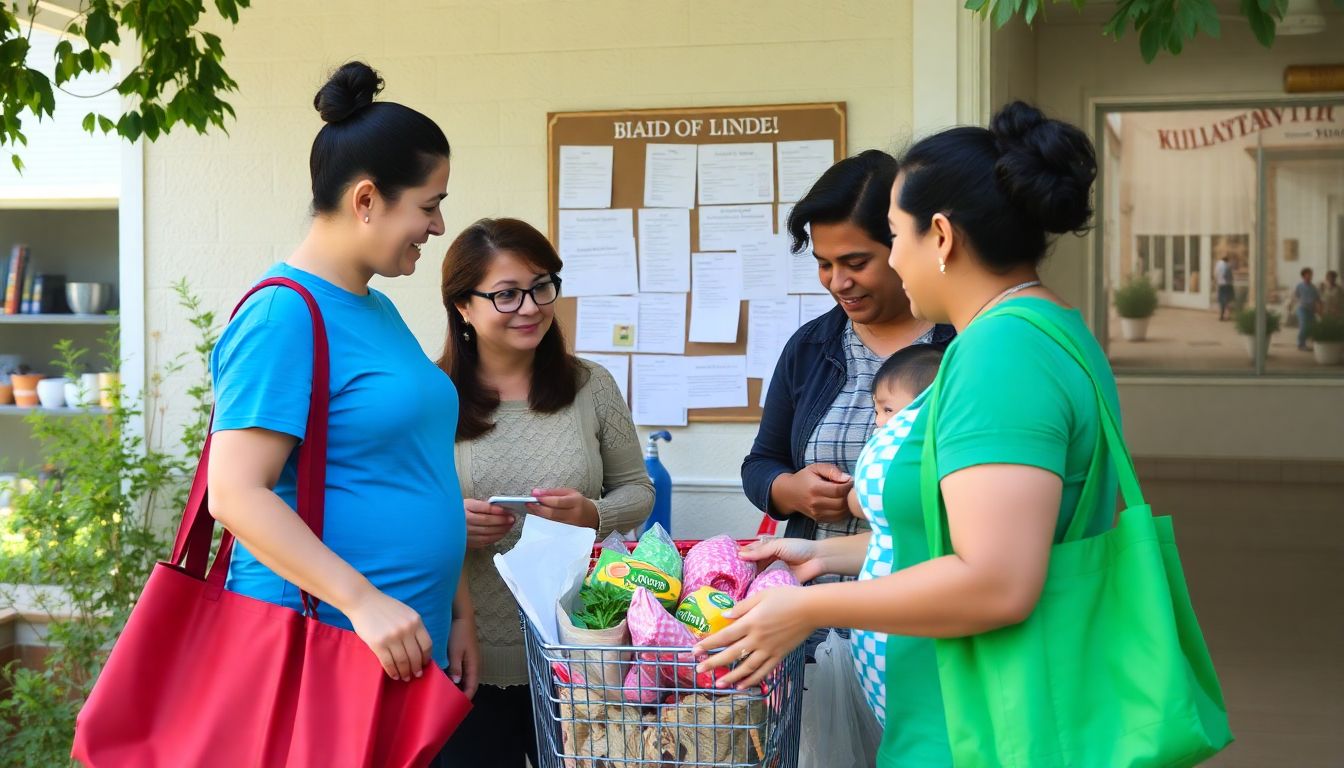 Neighbors helping each other with tasks, such as grocery shopping and childcare, with a community bulletin board in the background.