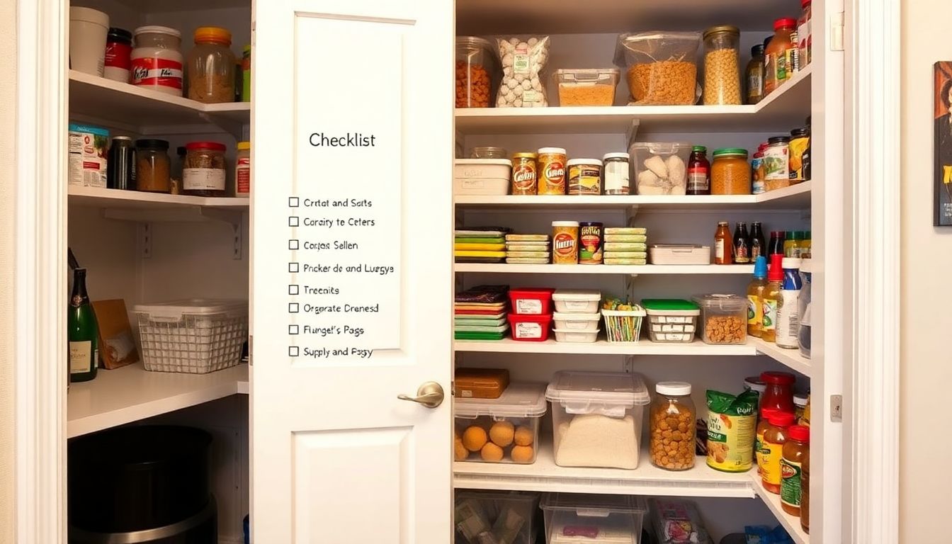 A well-organized pantry and supply closet filled with essential items, with a checklist in the foreground.