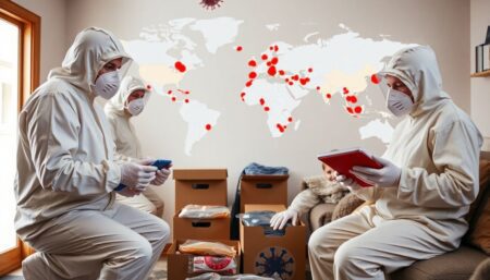 A family in hazmat suits, preparing and storing supplies in their home, with a map of the world showing recent outbreak hotspots in the background.