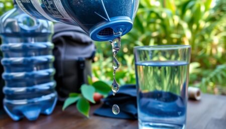 A close-up shot of a homemade water filter made from a plastic bottle, activated carbon, and a coffee filter, with water dripping into a clean glass, set against a backdrop of lush greenery and survival gear.