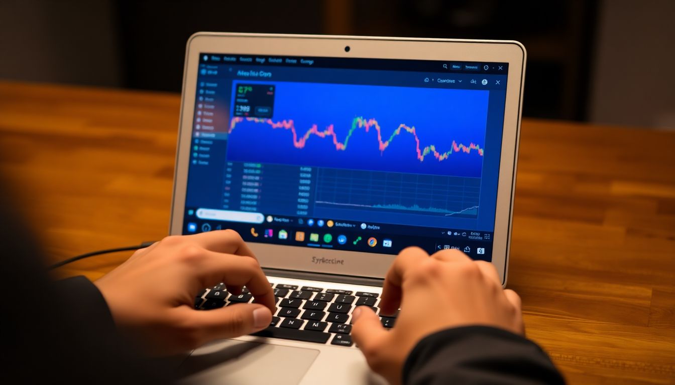 A laptop screen displaying a cryptocurrency exchange, with a prepper's hands typing on the keyboard.