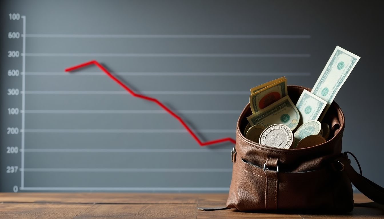 A graph showing the decline of a traditional currency, with a prepper's bug-out bag containing alternative currencies in the foreground.