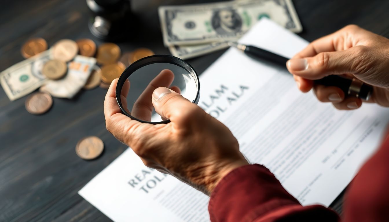 A legal document with a prepper's hands holding a magnifying glass, with alternative currencies in the background.