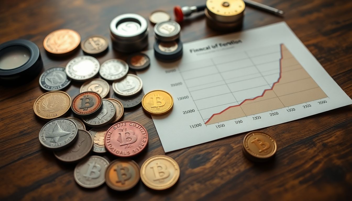 A prepper's financial portfolio laid out on a table, with a diverse range of alternative currencies and a graph showing a balanced investment strategy.