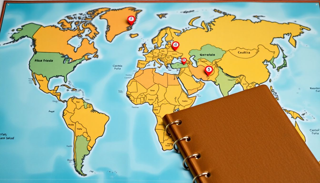 A world map with markers highlighting regions where alternative currencies have been used, with a prepper's notebook in the foreground.