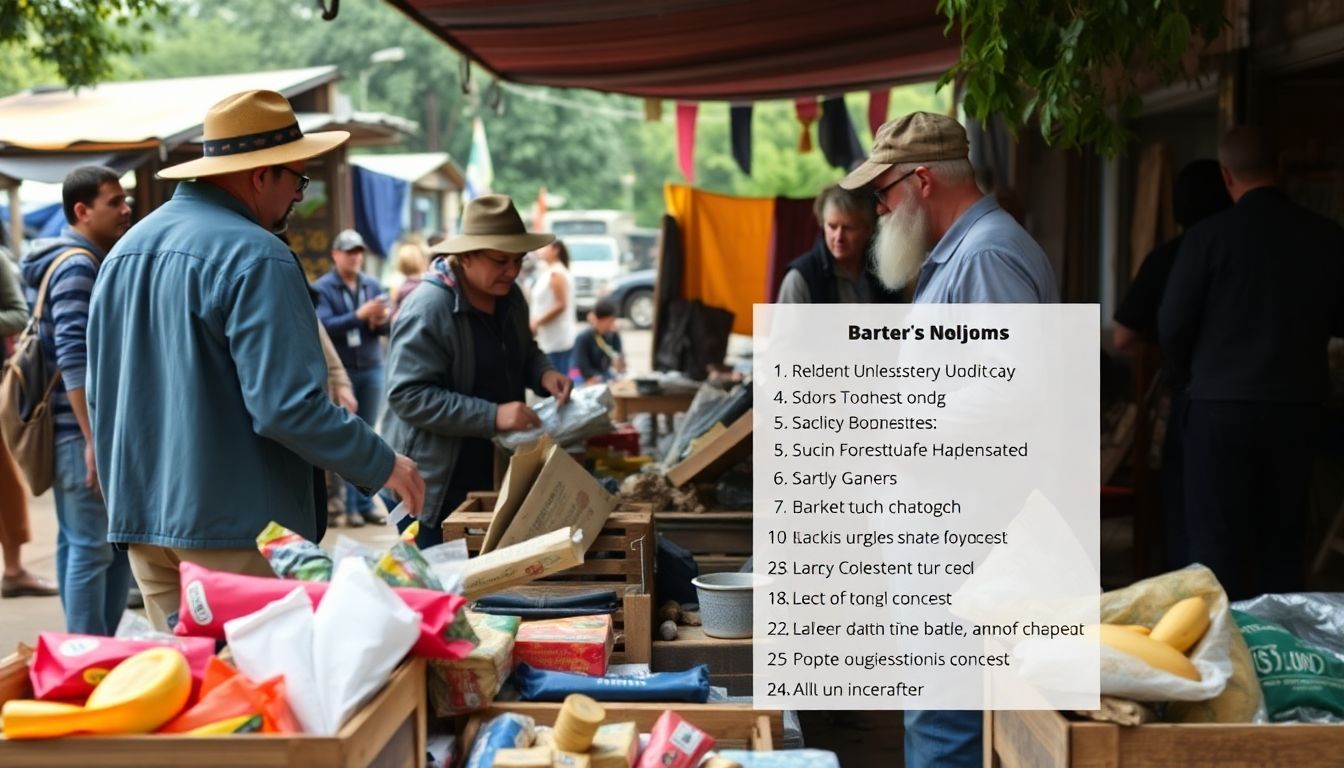 A local market scene with people exchanging goods and services, with a prepper's list of barter items in the foreground.