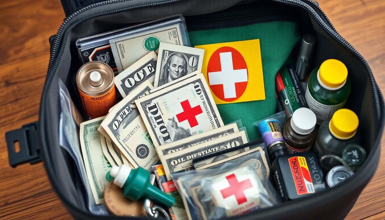 A prepper's emergency fund kit containing alternative currencies, a first aid kit, and other essential supplies.