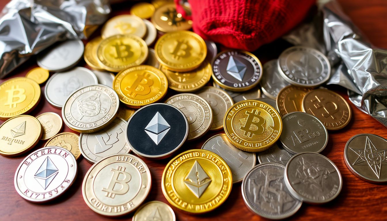 A diverse range of alternative currencies laid out on a table, including gold and silver coins, Bitcoin and Ethereum logos, and items for barter.