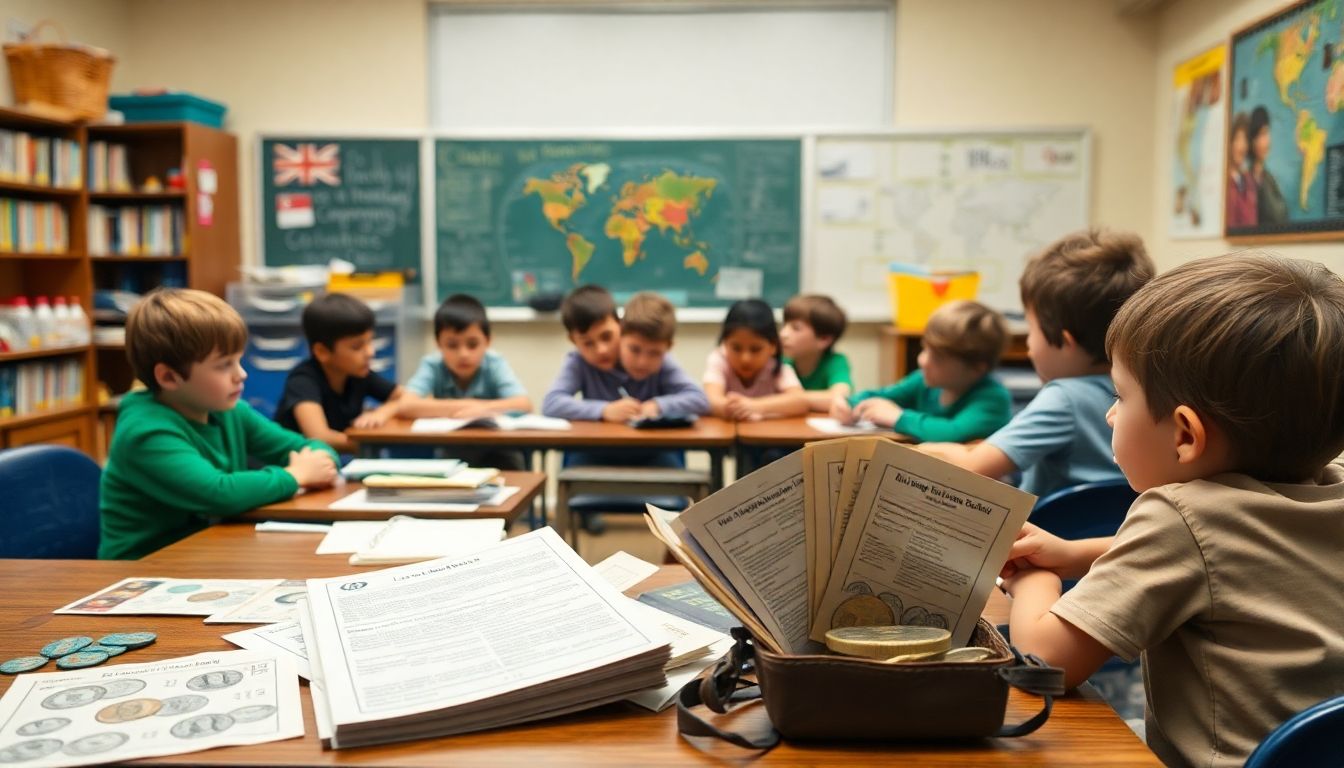 A classroom scene with children learning about alternative currencies, with a prepper's educational materials in the foreground.