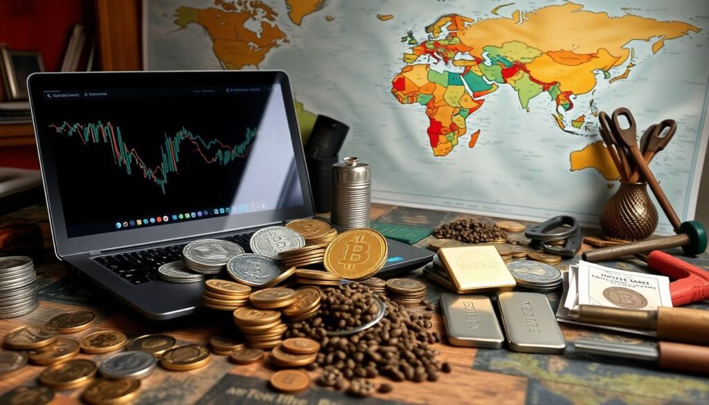 A prepper's table filled with various alternative currencies like gold coins, silver bars, cryptocurrencies on a laptop, and barter items like seeds and tools, with a map of the world in the background, symbolizing global economic instability.