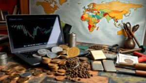 A prepper's table filled with various alternative currencies like gold coins, silver bars, cryptocurrencies on a laptop, and barter items like seeds and tools, with a map of the world in the background, symbolizing global economic instability.