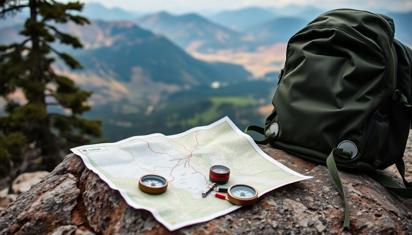 A hiker's backpack with a map, compass, and other navigation tools laid out on a rock, with a vast wilderness landscape in the background, showing the planned route.