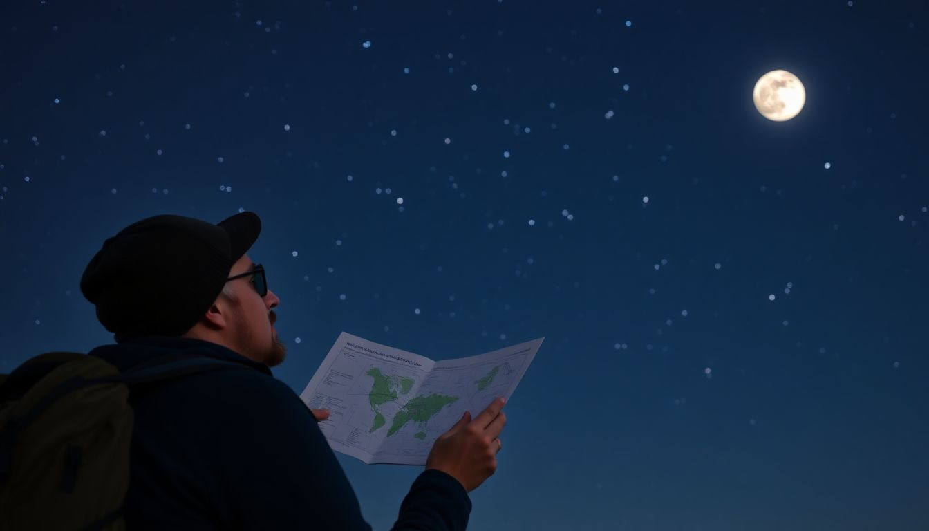 A hiker looking up at the night sky, with a clear view of the stars and the moon, using a star chart to determine their direction.