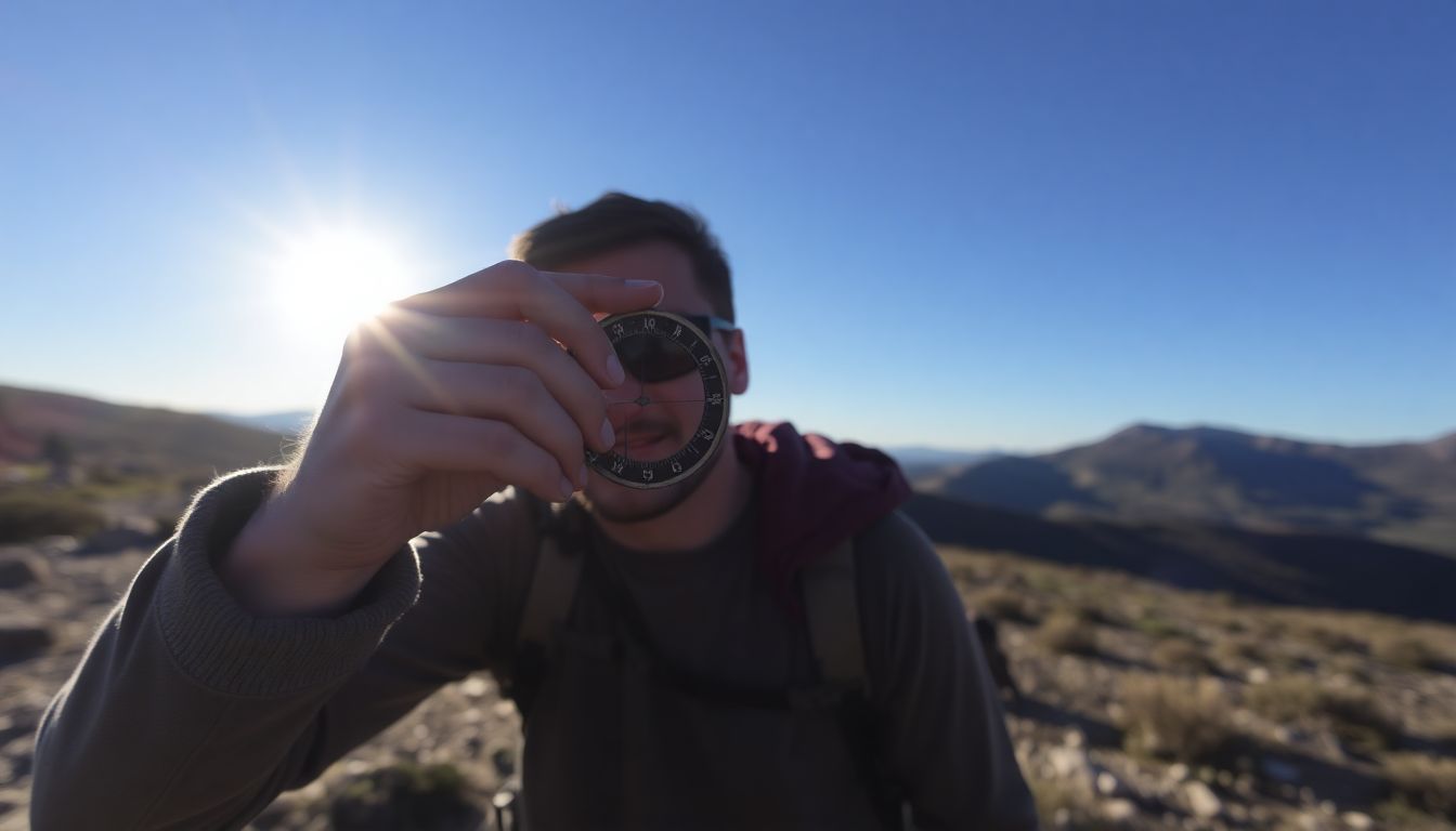 A hiker using a homemade sun compass, with the sun casting long shadows and a clear blue sky in the background.