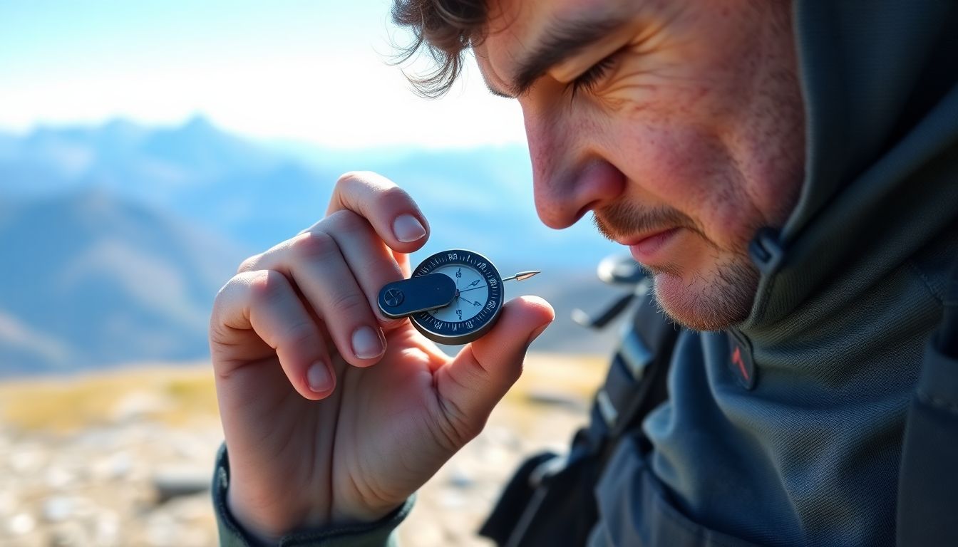 A hiker using a makeshift compass made from a magnet and a needle, with a distant mountain range visible in the background.