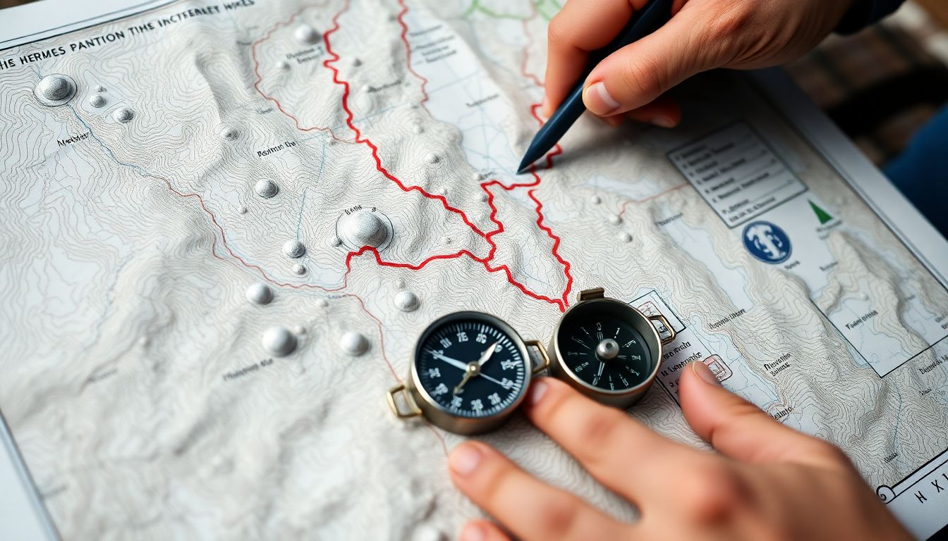 A close-up of a hiker's hands tracing a route on a detailed topographic map, with a compass resting on the map.