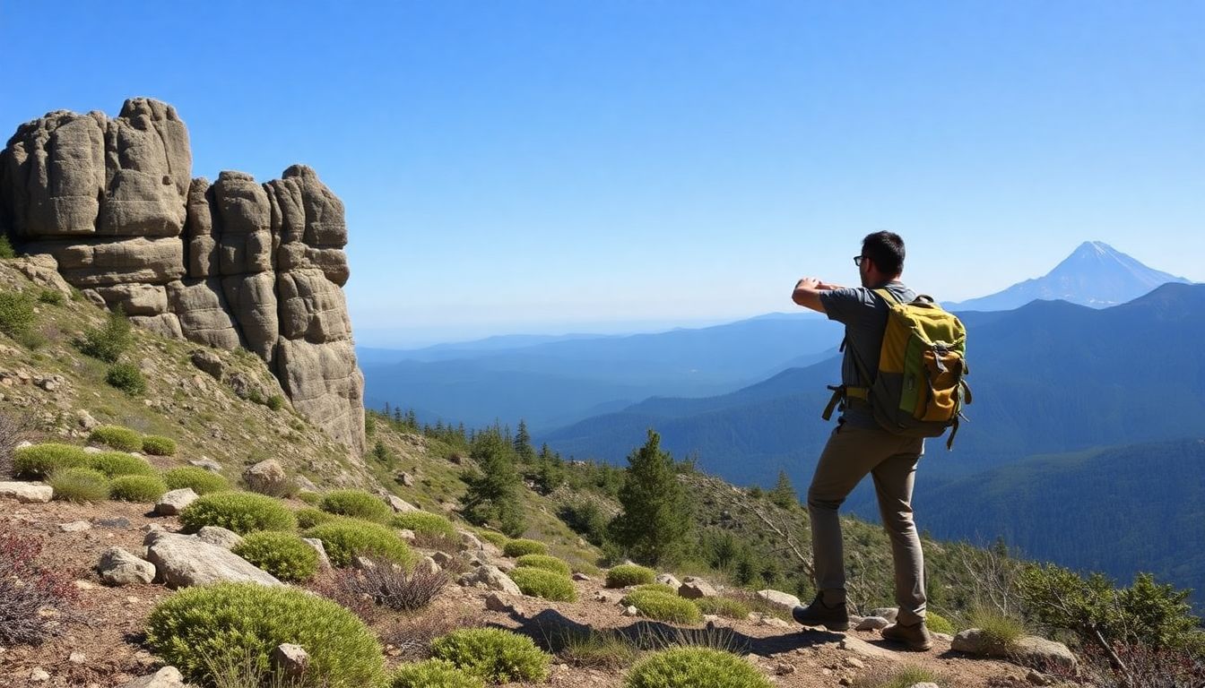 A hiker using a prominent landmark, such as a unique rock formation or a distant mountain peak, to confirm their position and direction.