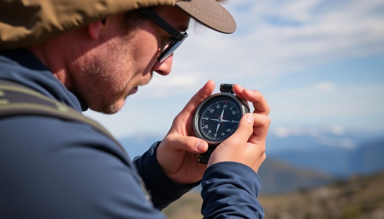 A hiker using a compass to take a bearing, with the compass needle pointing towards magnetic north, and a distant mountain range visible in the background.