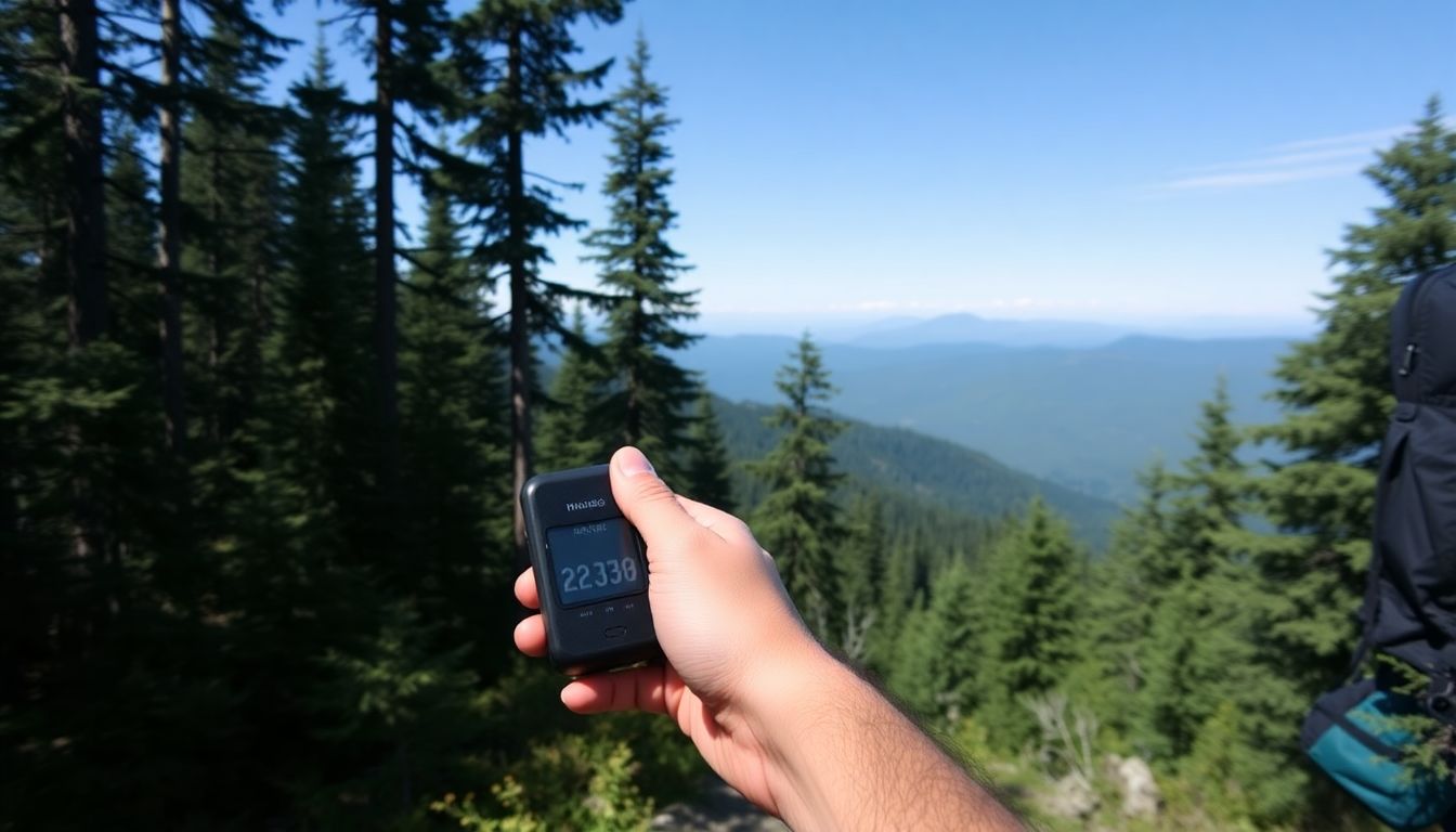 A hiker using a pace counter, with a timer in their hand, walking through a dense forest, with a distant mountain range visible in the background.