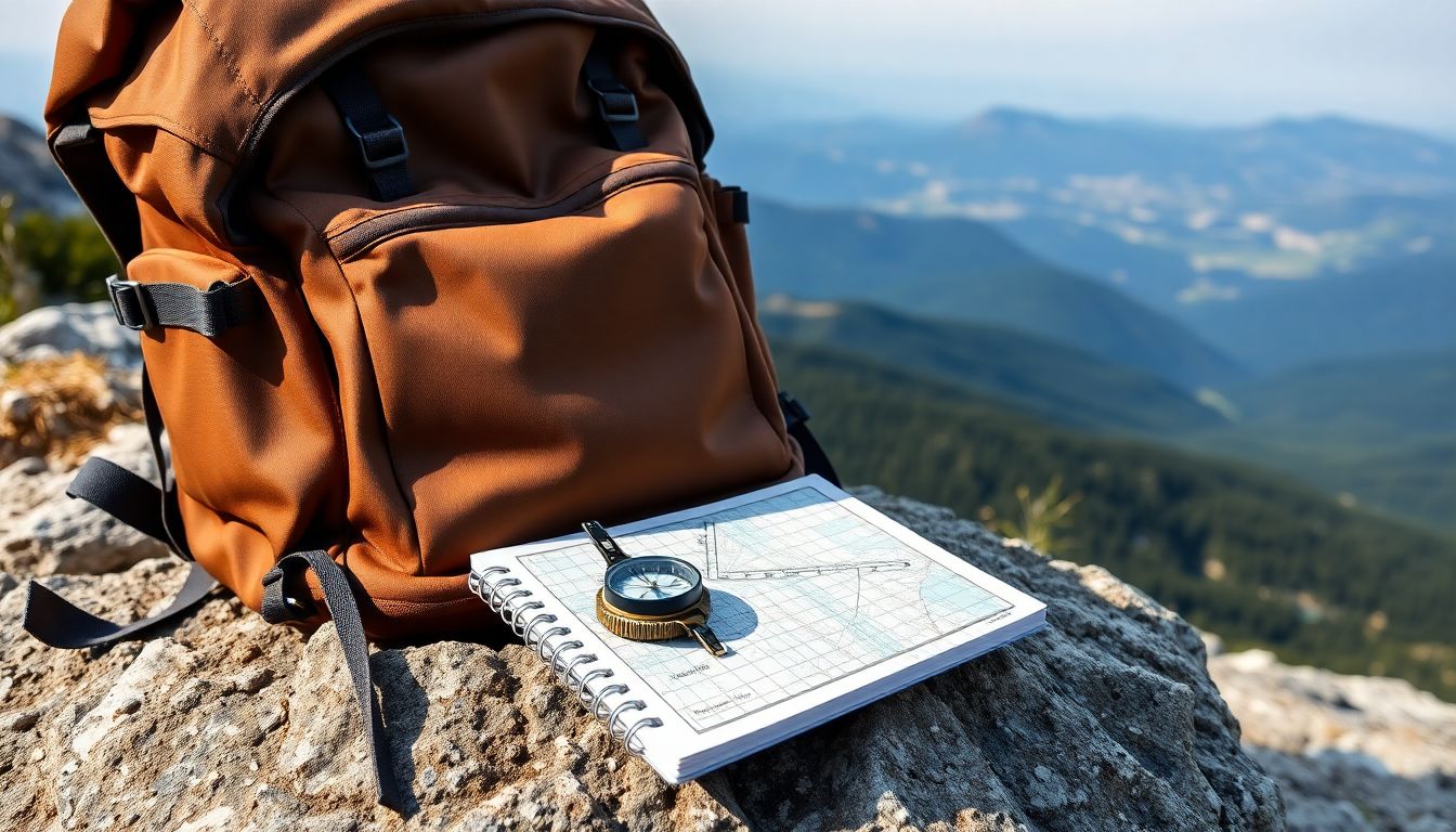 A hiker's backpack with a compass, map, protractor, and a notebook laid out on a rock, with a vast wilderness landscape in the background.