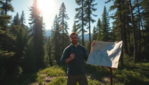 A lone hiker standing in a dense forest, using a homemade sun compass and a map drawn on a piece of cloth, with towering trees and a hint of a distant mountain range in the background, under a clear blue sky with the sun casting long shadows.