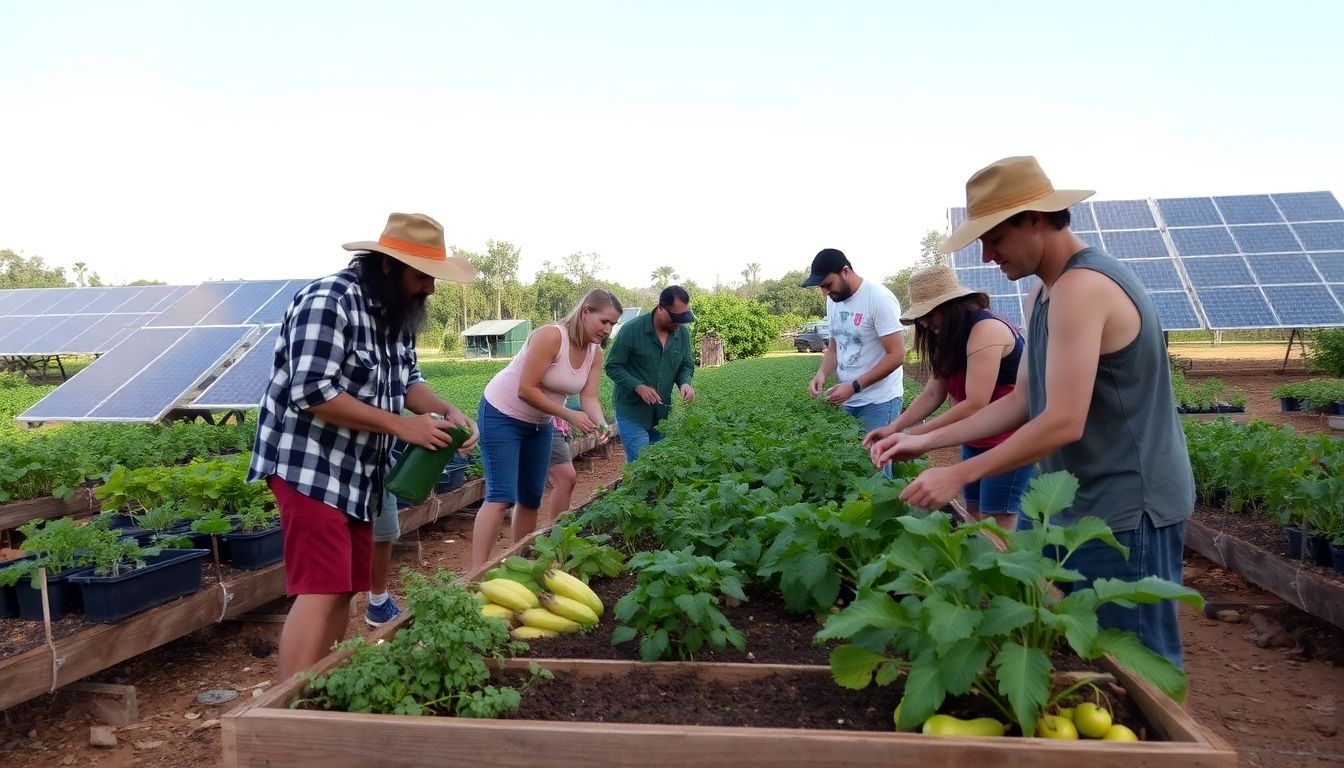 A thriving community garden, with preppers working together to grow and harvest food, surrounded by solar panels and other sustainable technologies.