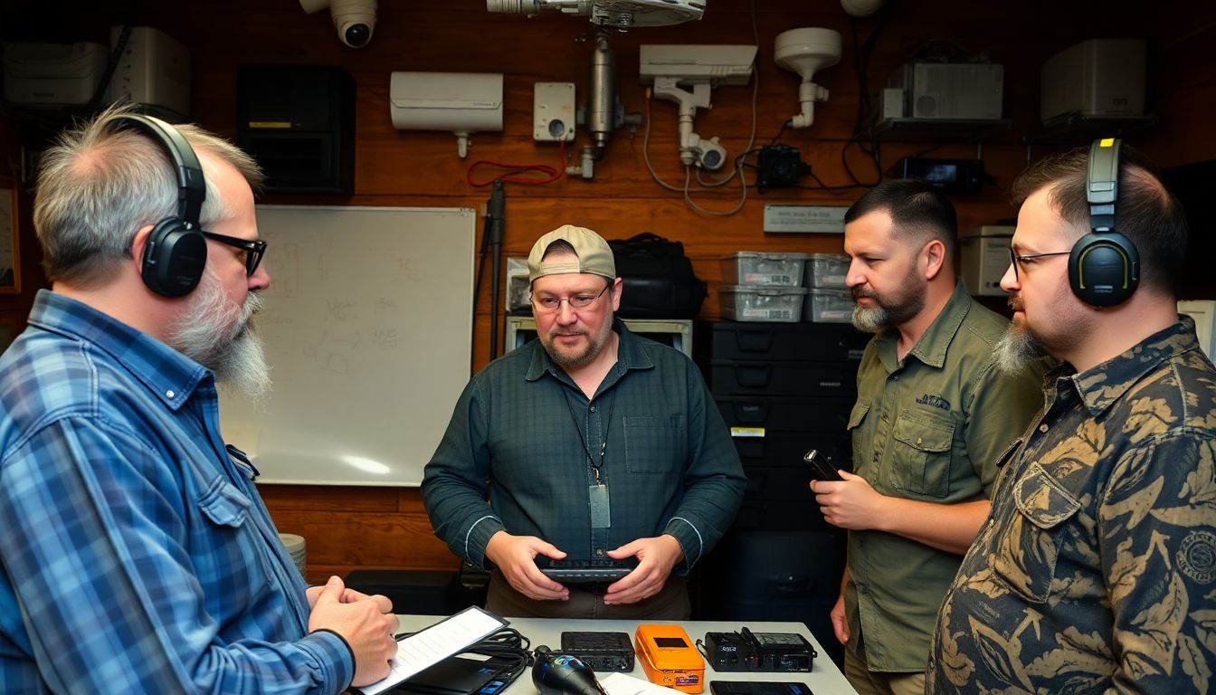 A group of preppers discussing security measures, with encrypted communication devices, secure storage solutions, and surveillance equipment in the background.