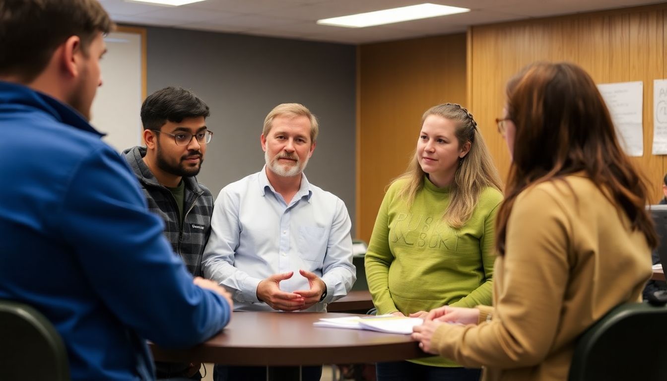 A group of preppers engaged in a respectful and productive discussion, with a mediator facilitating the conversation and helping to find a solution.