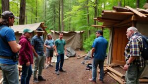 A group of diverse preppers working together, sharing skills, and building emergency shelters in a lush, green forest, with a sense of camaraderie and purpose.