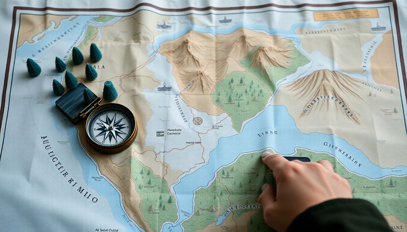 A map of various terrains (forest, desert, mountain, etc.) with a compass and a determined prepper marking their location.