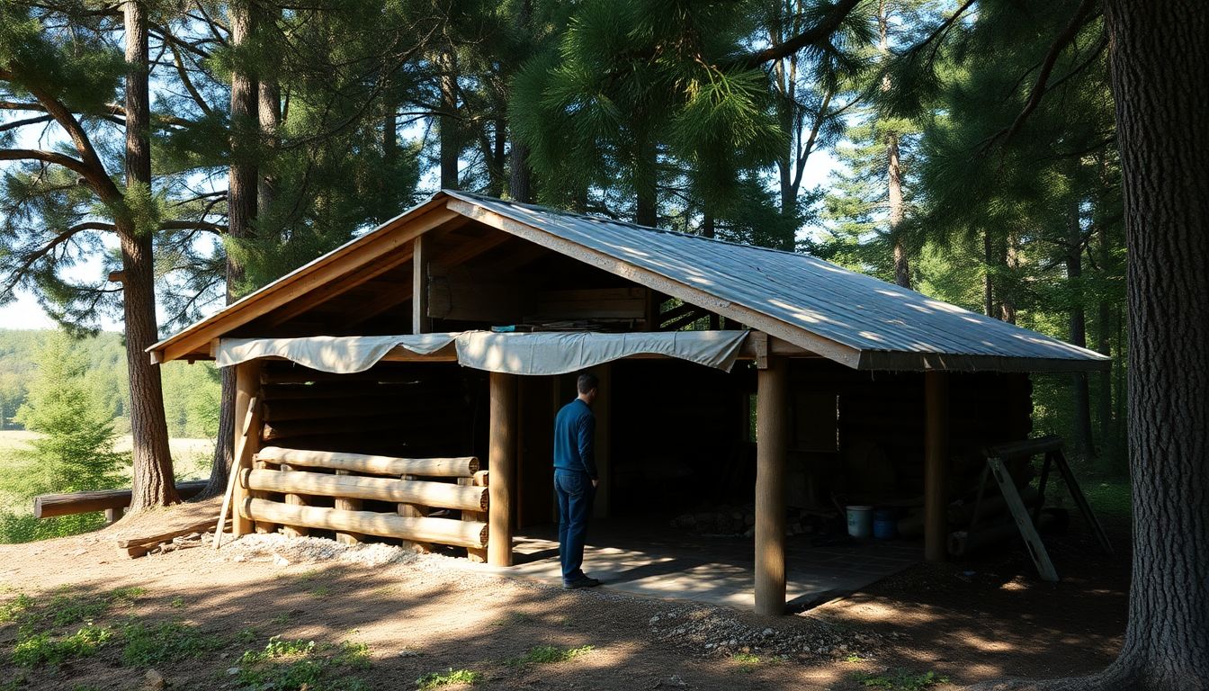 A well-built, sturdy shelter nestled among the trees, with a prepper working on improving its structure.