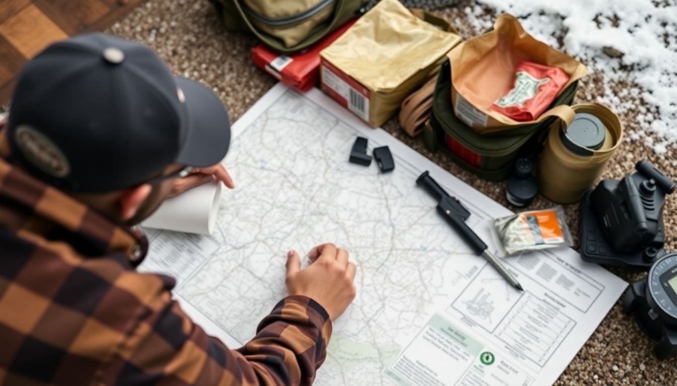 A prepper updating a detailed map or plan, with a variety of contingency supplies and gear laid out nearby.