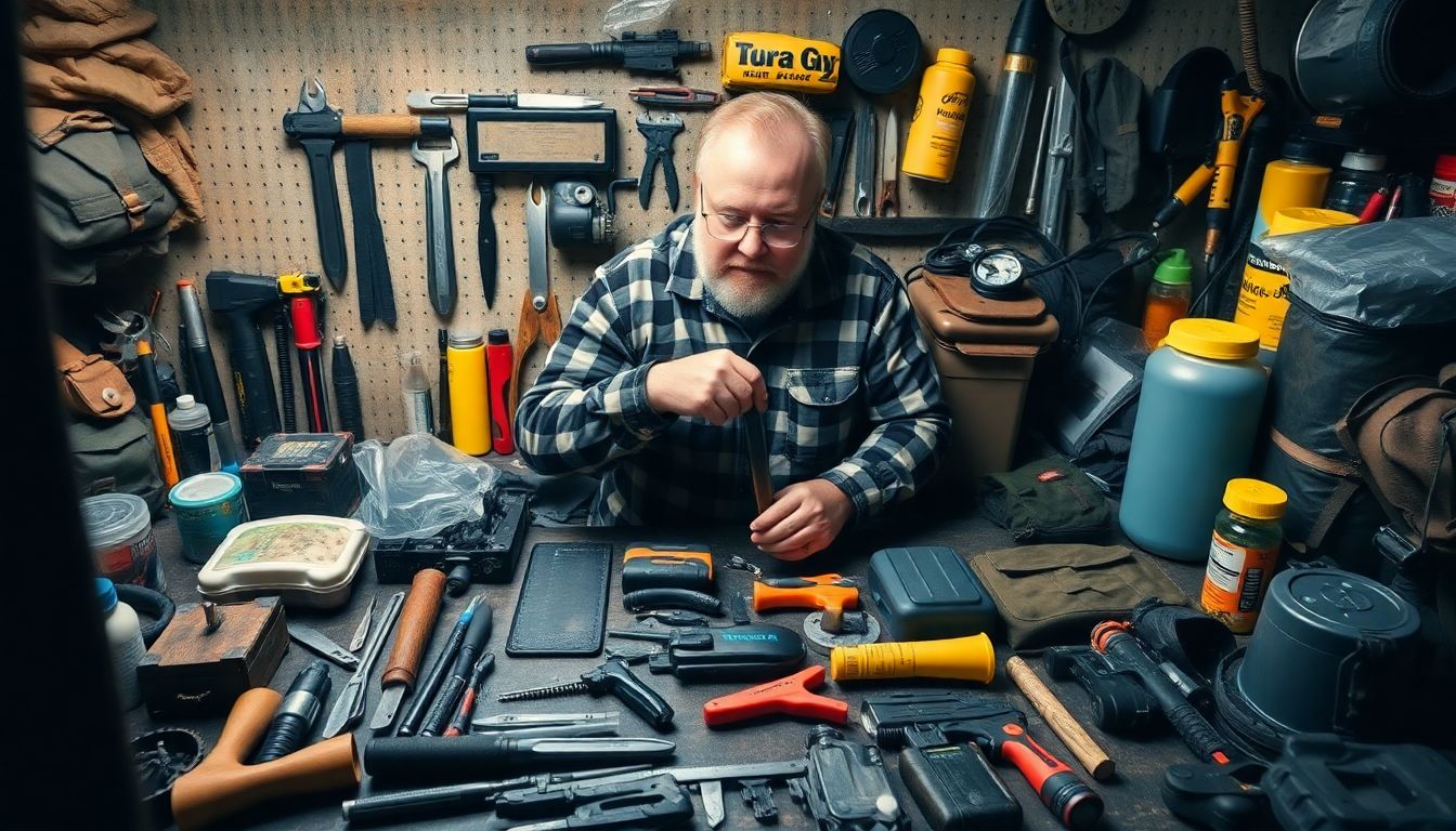 A prepper organizing and maintaining their survival gear, with a variety of tools and supplies laid out neatly.