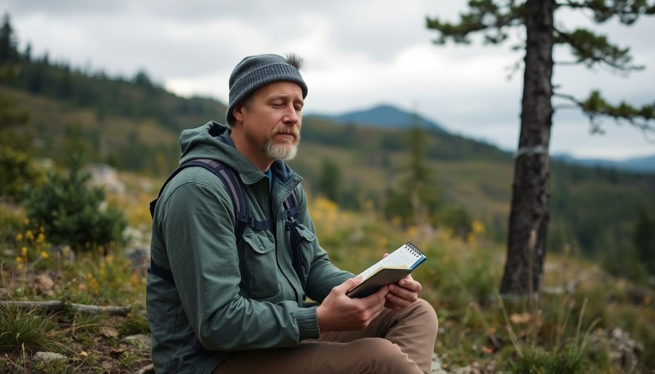 A prepper meditating or journaling in a serene wilderness setting, with a calm and focused expression.