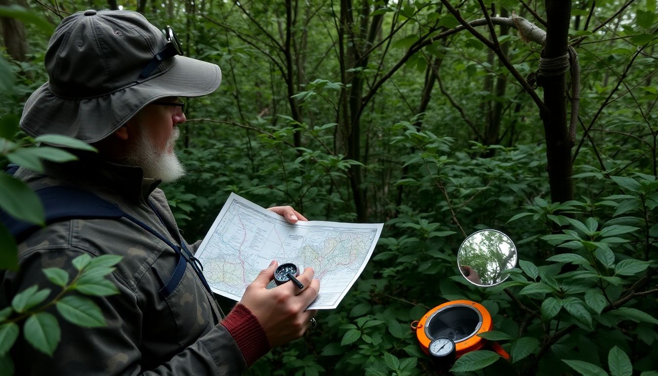 A prepper using a map and compass to navigate through dense foliage, with a signaling mirror and other communication devices nearby.