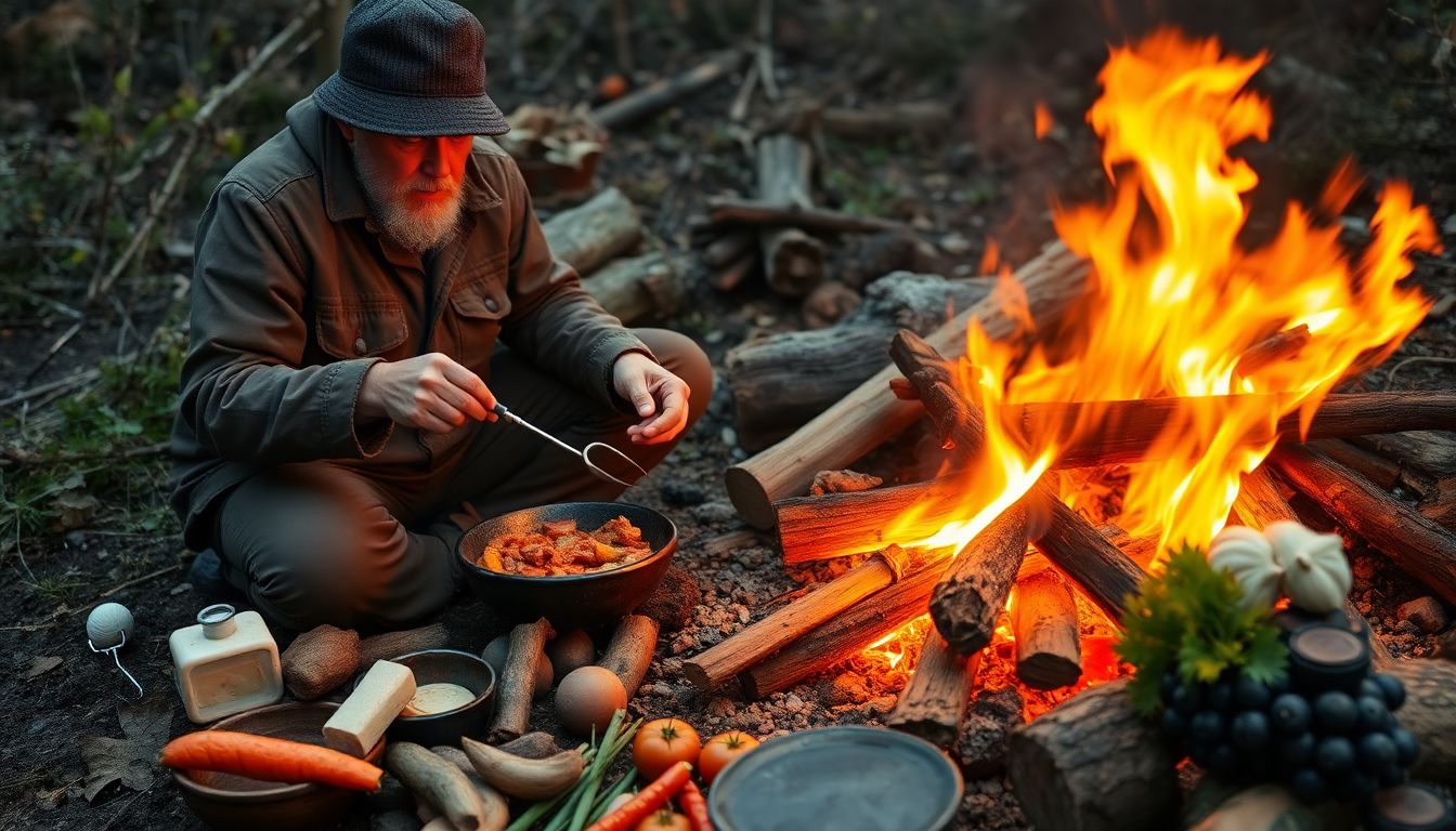 A prepper cooking a hearty meal over an open fire, with a variety of foraged and hunted ingredients nearby.