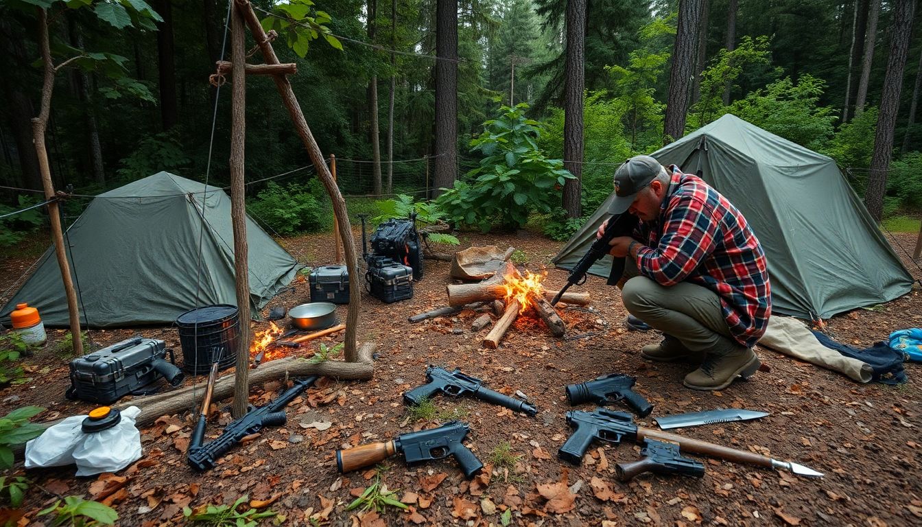 A prepper setting up a perimeter of traps and early warning systems around their campsite, with a variety of self-defense tools nearby.