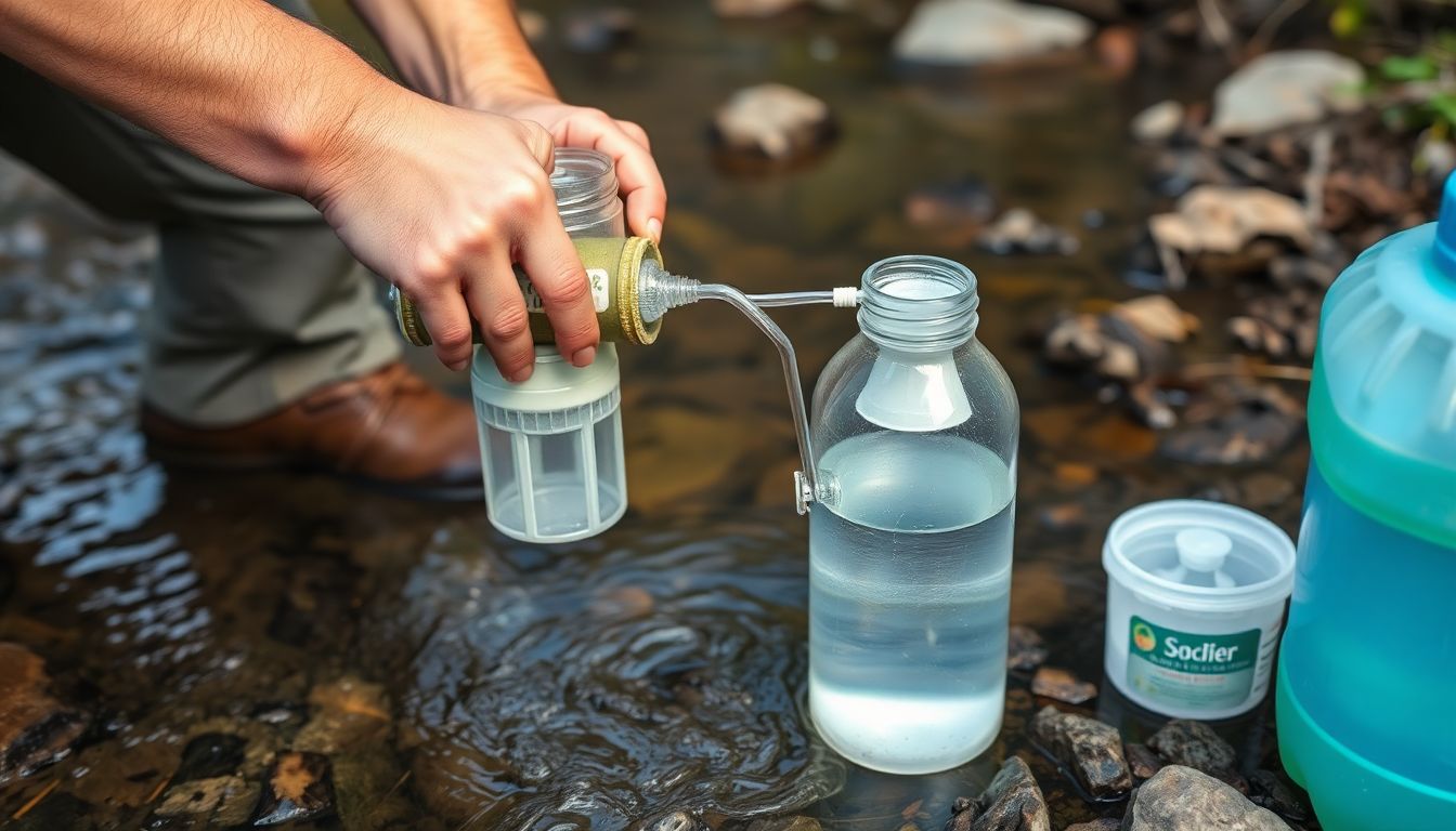 A prepper collecting water from a stream using a DIY water filter, with a clean and safe water container nearby.