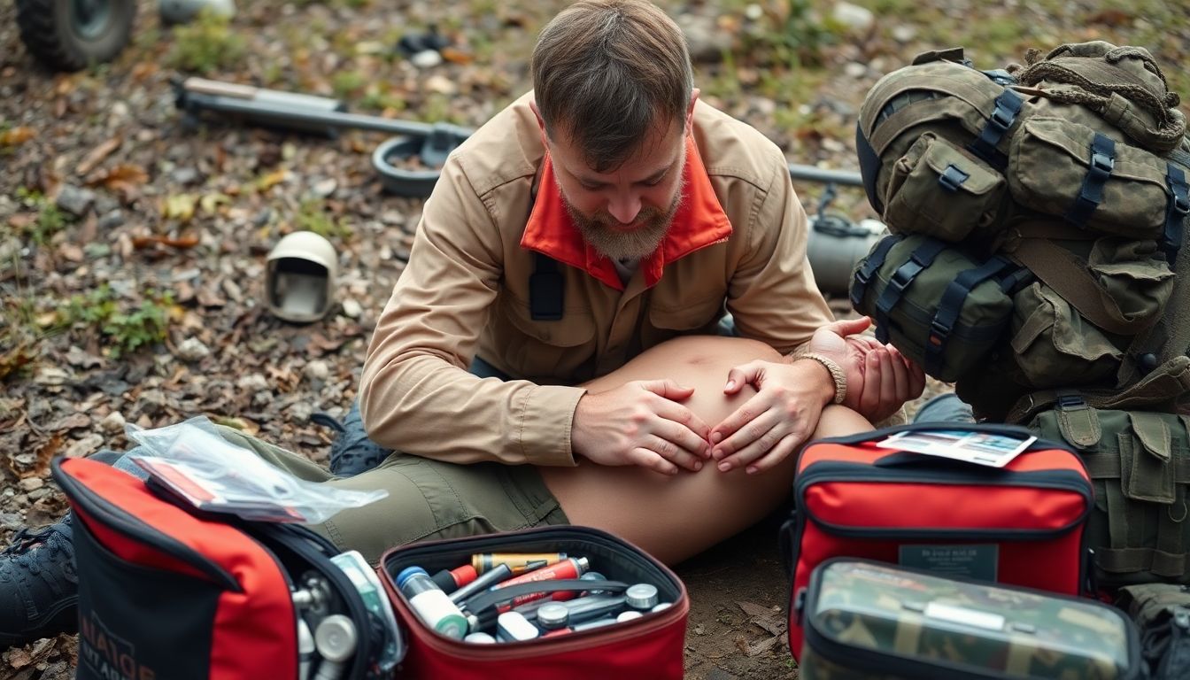 A prepper administering first aid to an injured companion, with a well-stocked first aid kit nearby.